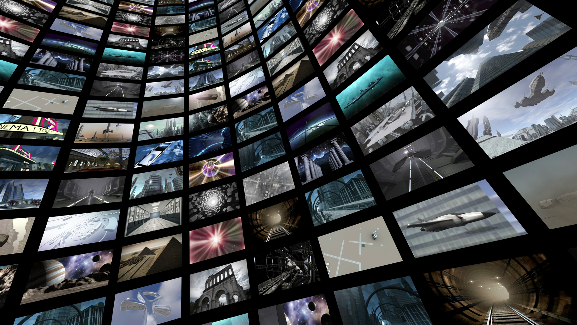 A 3D rendered image of a video wall. A curved media image screen which shows many small monitors.